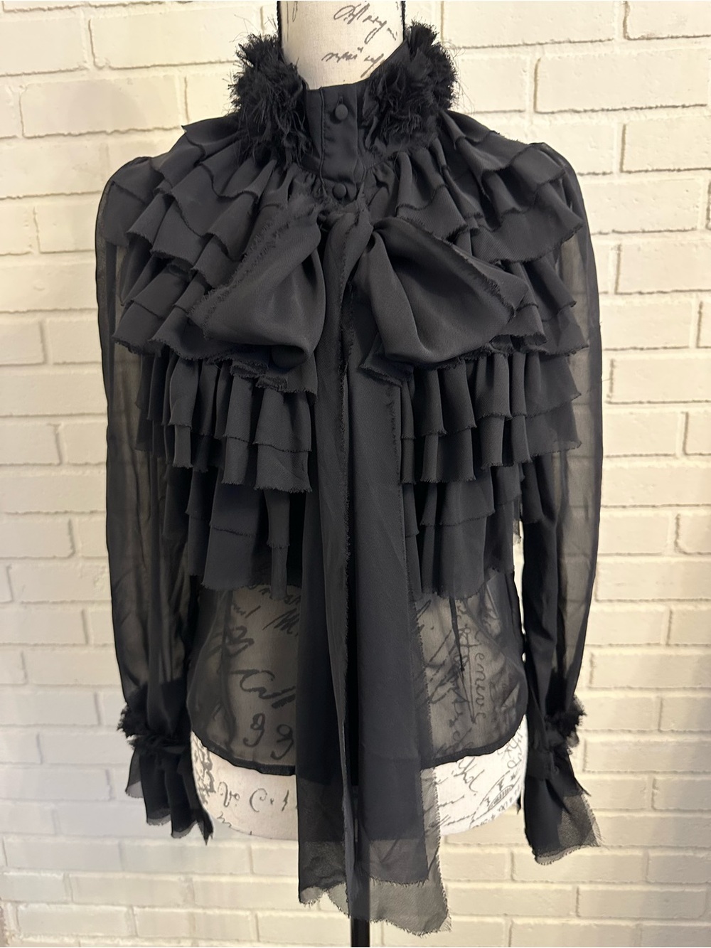 Gracia Black Sheer Ruffle Tie Neck Gothic Blouse Size S